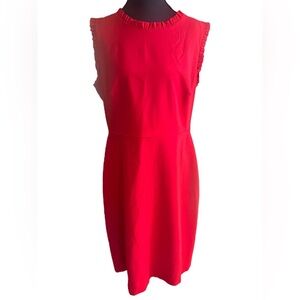 J. Crew Vibrant Red Ruffle Hem Sleeve Midi Dress 96% Lightweight Wool Size 12
